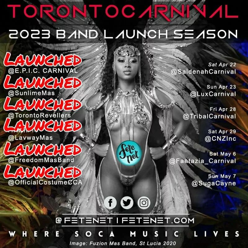 Band Launch Update for @torontocarnival.ca season 2023

Bands LAUNCED:
@e.p.i.c.carnival - PASSION
@sunlimemas - DESIRES
@torontorevellers - ITS SHOW TIME
@lavwaymas - THEN AND NOW
@freedommasband - CARNIVAL IS WOMAN
@officialcostumecca - GODDESS OF PARADISE
 
Stay tuned for continued coverage.

Yet to launch:
@saldenahcarnival - April 22nd
@luxcarnival - April 23rd
@tribalcarnival - April 28th
@cnzinc - April 29th
@fantazia_carnival - May 6th
@sugacayne - May 7th

DM us if we missed you in one of our posts or for footage enquiries.