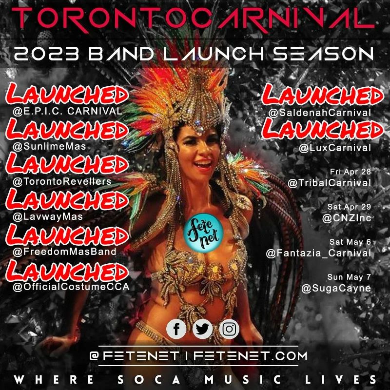 Band Launch Update for @torontocarnival.ca season 2023

Bands LAUNCED:
@e.p.i.c.carnival - PASSION
@sunlimemas - DESIRES
@torontorevellers - ITS SHOW TIME
@lavwaymas - THEN AND NOW
@freedommasband - CARNIVAL IS WOMAN
@officialcostumecca - GODDESS OF PARADISE
@saldenahcarnival - UNMASKED
@luxcarnival - LEGENDS OF DIAMONDS

Stay tuned for continued coverage.

Yet to launch:

@tribalcarnival - April 28th
@cnzinc - April 29th
@fantazia_carnival - May 6th
@sugacayne - May 7th

DM us if we missed you in one of our posts or for footage enquiries.