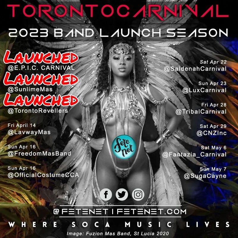 Band Launch Update for @torontocarnival.ca season 2023

Bands LAUNCED:
@e.p.i.c.carnival - PASSION
@sunlimemas - DESIRES
@torontorevellers - ITS SHOW TIME
 
Stay tuned for continued coverage.

Yet to launch:
@lavwaymas - April 14th
@freedommasband - April 16th
@officialcostumecca - April 16th
@saldenahcarnival - April 22nd
@luxcarnival - April 23rd
@tribalcarnival - April 28th
@cnzinc - April 29th
@fantazia_carnival - May 6th
@sugacayne - May 7th

DM us if we missed you in one of our posts or for footage enquiries.