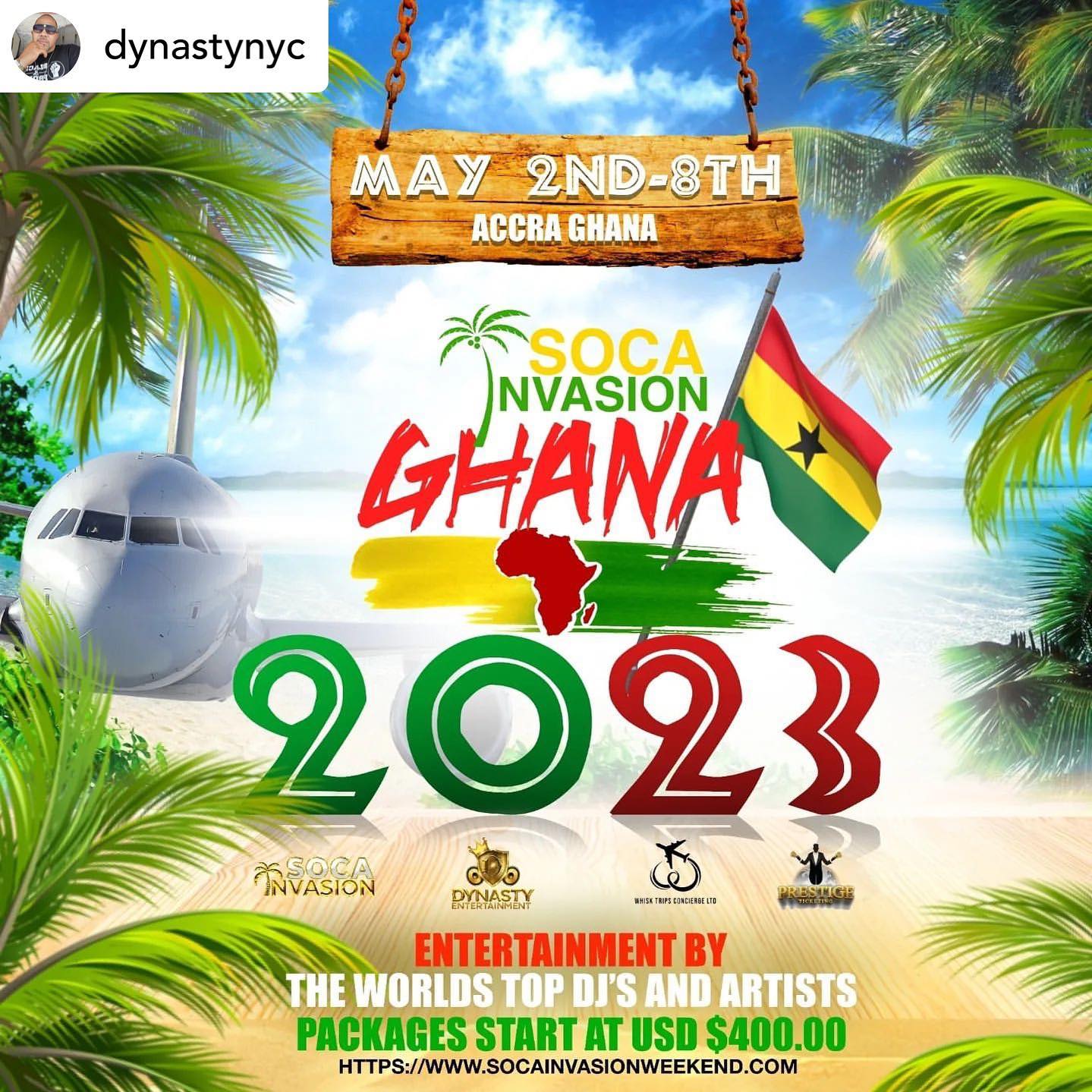 This May We Head Back to Ghana for 6 Days Of Soca Events and Tours!.

Joins us 
🖥 Www.socainvasionweekend.com 
️ 3473857568 for more information 

Music by the World's top Soca and Afrobeats Djs 

Registration closing Soon!
Jouvert - Glow - Roof Top - Pool Party