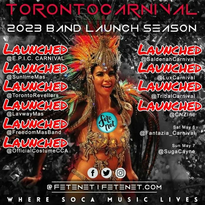 Band Launch Update for @torontocarnival.ca season 2023

Bands LAUNCED:
@e.p.i.c.carnival - PASSION
@sunlimemas - DESIRES
@torontorevellers - ITS SHOW TIME
@lavwaymas - THEN AND NOW
@freedommasband - CARNIVAL IS WOMAN
@officialcostumecca - GODDESS OF PARADISE
@saldenahcarnival - UNMASKED
@luxcarnival - LEGENDS OF DIAMONDS
@tribalcarnival - ONCE UPON A TIME
@cnzinc - LET'S GO (Around The World In 100 Days)

Stay tuned for continued coverage.

Yet to launch:

@fantazia_carnival - May 6th
@sugacayne - May 7th

DM us if we missed you in one of our posts or for footage enquiries.
