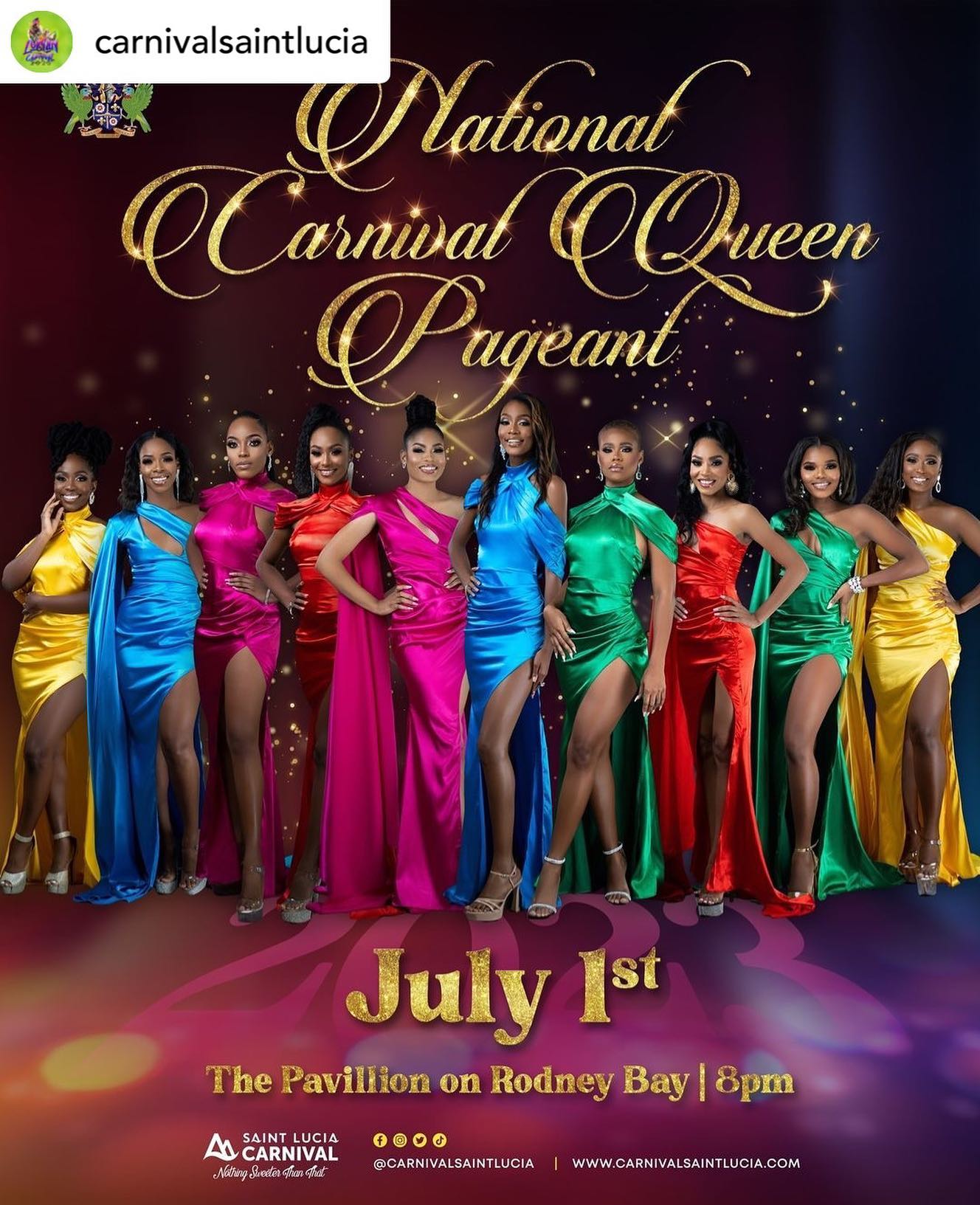 Beauty, Elegance and Talent when combined produces the most glamorous and extravagant affair for Saint Lucia Carnival 2023⁠.
⁠
Ten contestants from all over Saint Lucia, each brining a different energy will vie for the title of Miss Carnival Queen 2023.⁠
⁠
The Pavilion on Rodney Bay will come alive on July 1st for an evening fit for royalty.⁠
⁠
July 1st 2023⁠ at 8:00 pm⁠
The Pavilion on Rodney Bay⁠
⁠🎟️ $150 Per Person | Available at The Cell Outlets Islandwide⁠
⁠
⁠
__________⁠
SAINT LUCIA CARNIVAL 2023 ⁠
 July 1-19 2023⁠
Nothing Sweeter Than That 🇱🇨 ⁠
⁠
Not For One But For All ⁠
⁠
⁠
#2023carnival⁠
—-⁠
@eventssaintlucia @caribcation @exportsaintlucia @cdfsaintlucia @travelsaintlucia