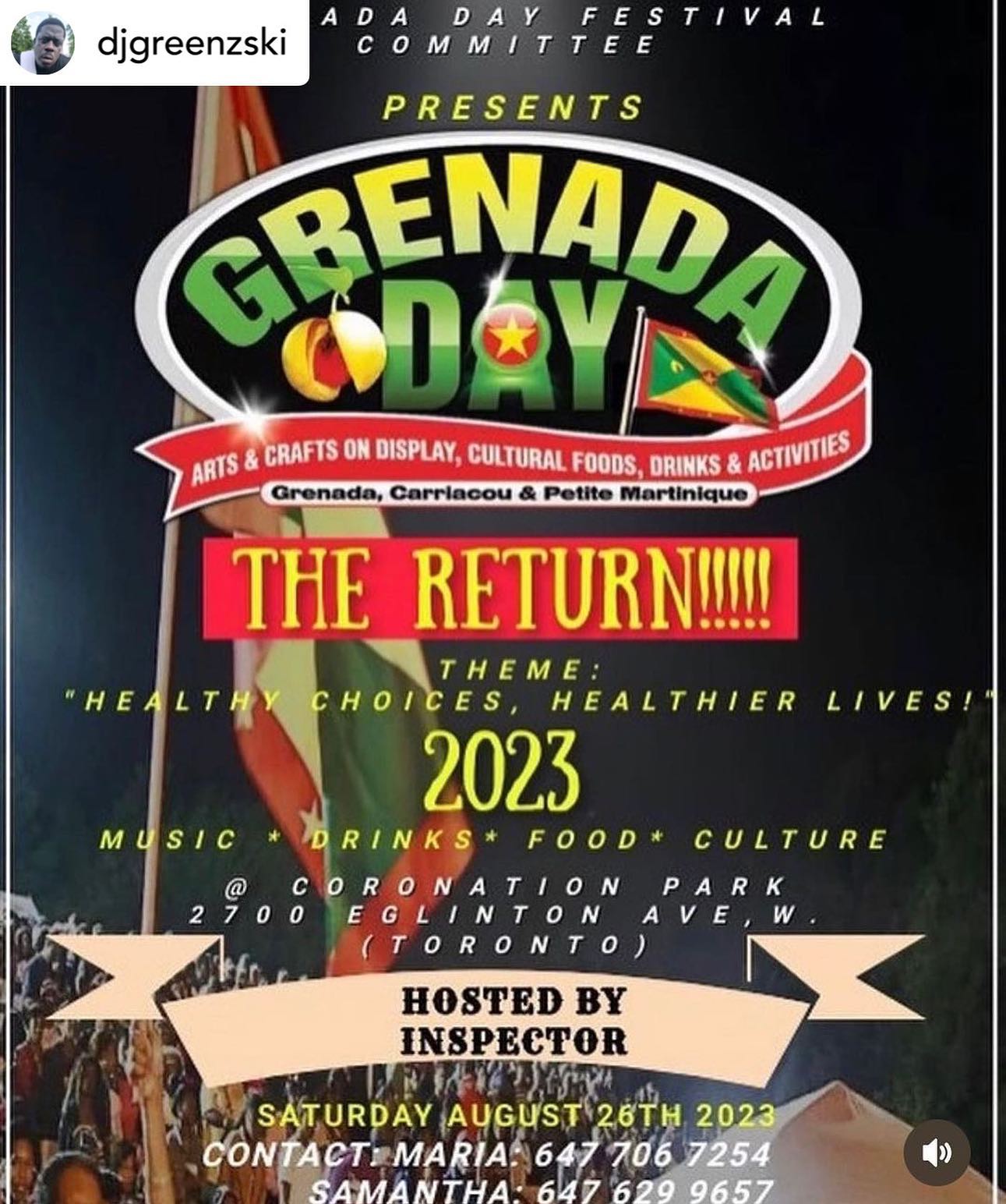 SATURDAY AUGUST 26TH 

GRENADA DAY @ CORONATION PARK 2700 EGLINTON AVE WEST .

AFTER PARTY @ JAC 995 ARROW RD 
ADM :$10 B4 12