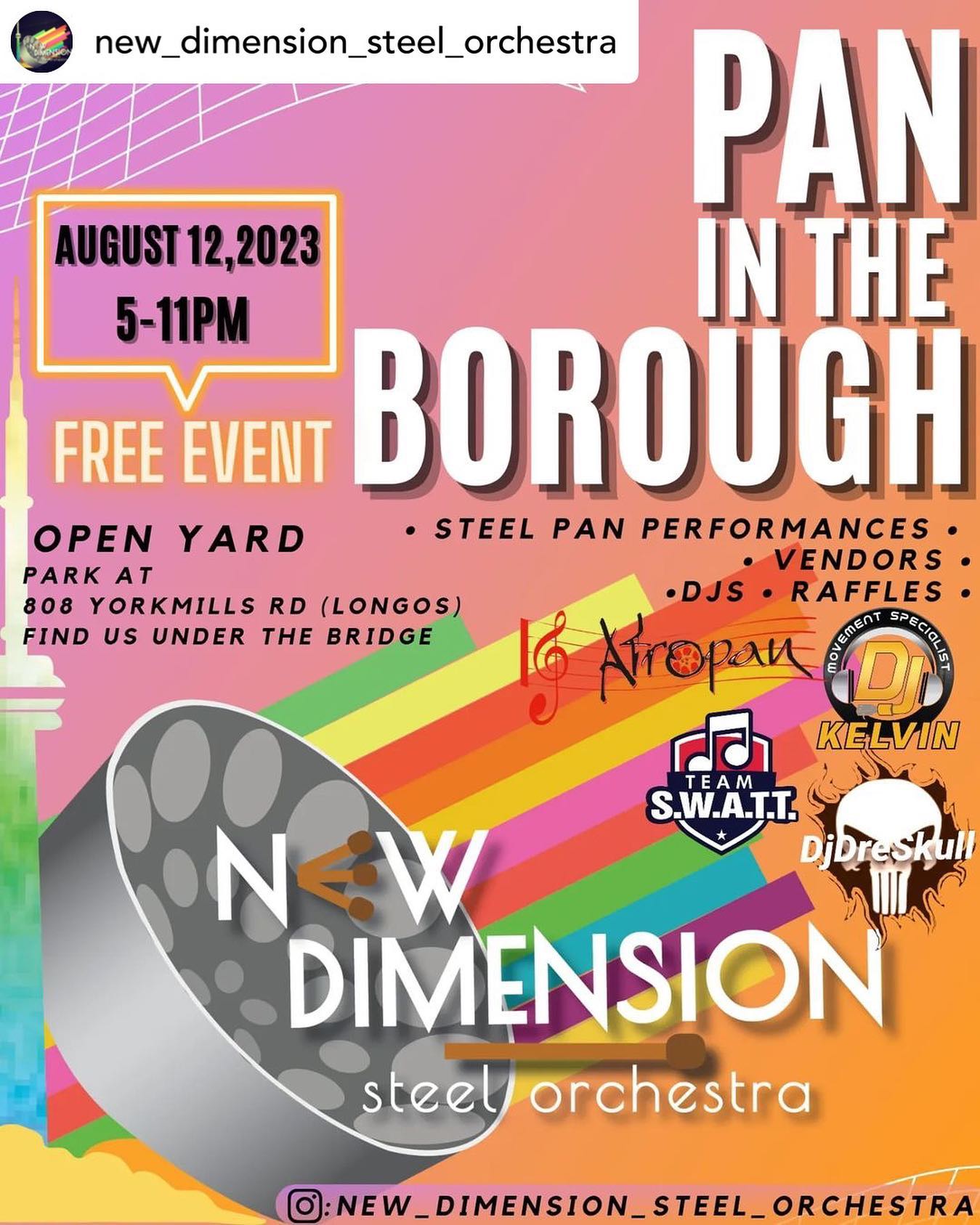 We're back for the last PITB of the season 🏾.

Join us and shop with local vendors, listen to local DJs and hear sweet steelpan.

Featuring us, New Dimension Steel Orchestra and special guest @afropansteelband , this will be an evening to remember!

Bring your coolers and come out this Saturday August 12 from 5-11pm.

All your donations and sales proceeds go back into funding the band 🏾

•